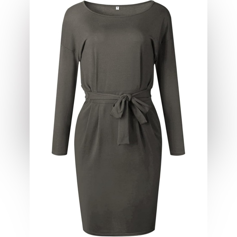 PrettyGarden Long Sleeve Tie-Waist Sheath Dress - Olive Green Sz M
